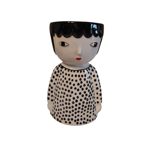Kinska Ceramic Doll Face Planter, Black Hair, Polka Dots 7.5" Candy Trinket Dish - Picture 1 of 3